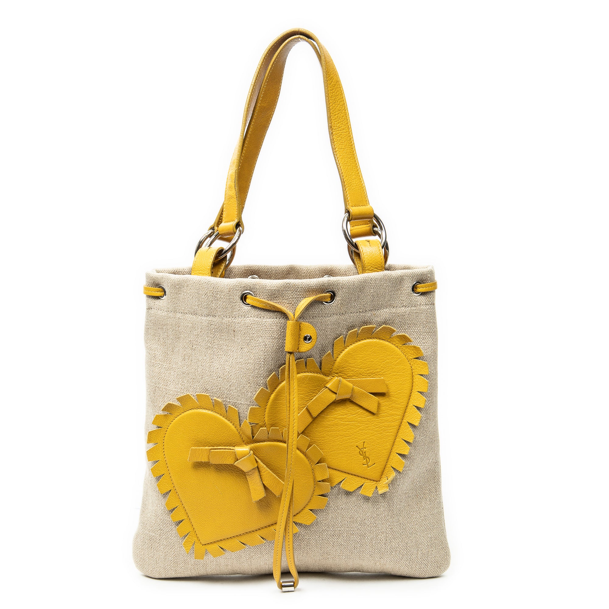 Shoulder Bag Fringed Heart Applique Tote Beige Woven Canvas