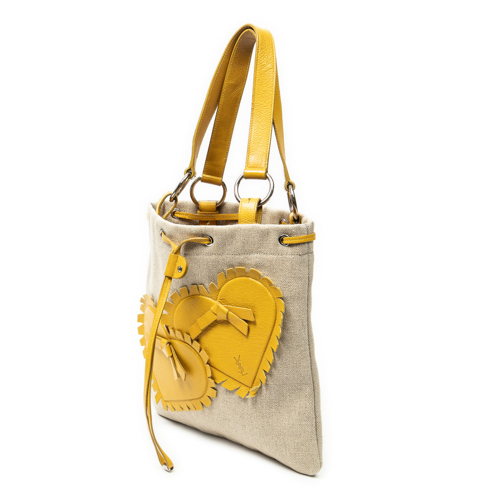 Shoulder Bag Fringed Heart Applique Tote Beige Woven Canvas