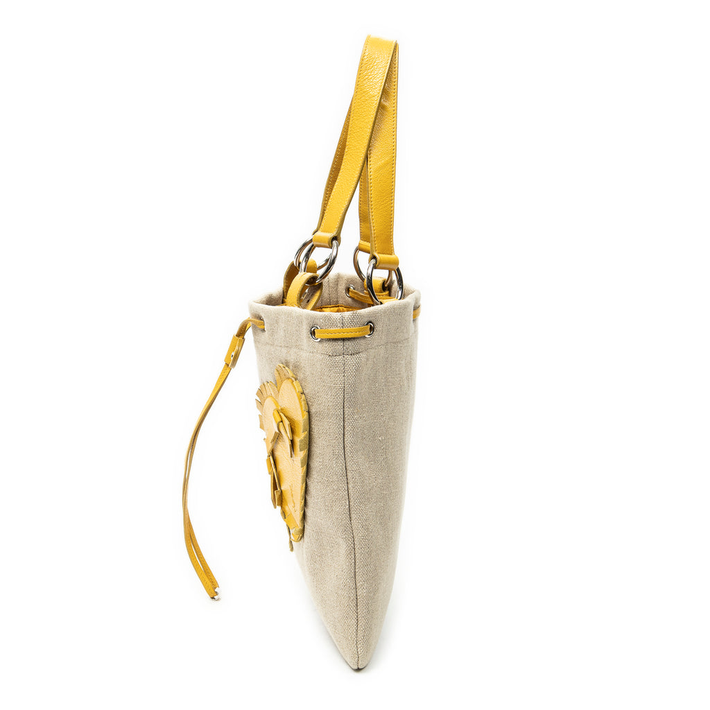 Shoulder Bag Fringed Heart Applique Tote Beige Woven Canvas