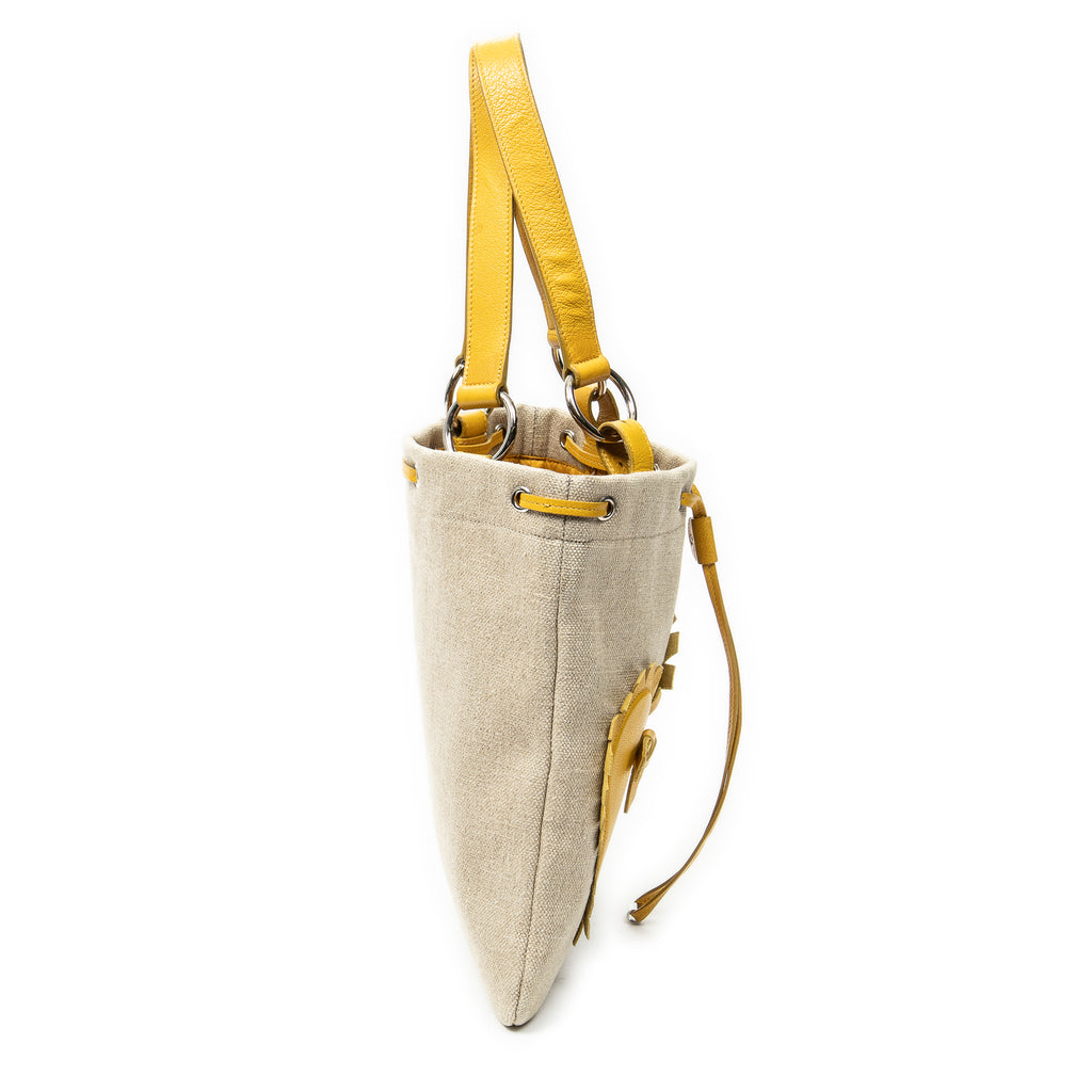 Shoulder Bag Fringed Heart Applique Tote Beige Woven Canvas