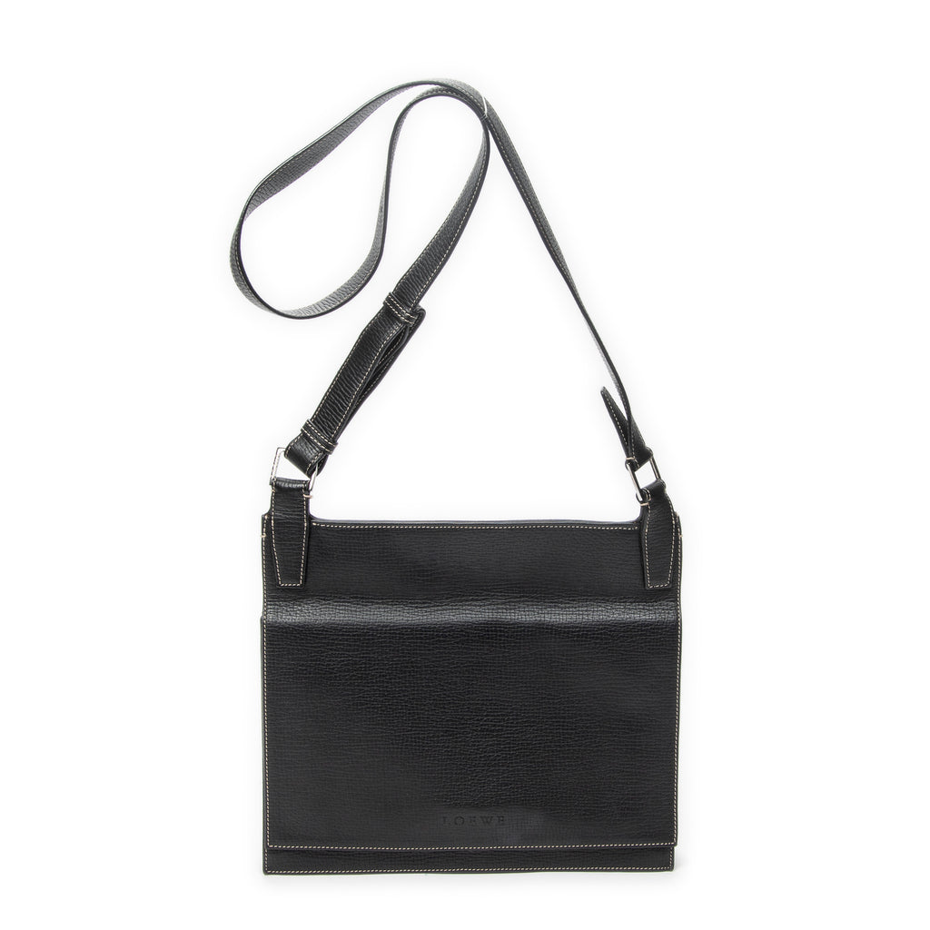 Shoulder Bag Flat Messenger Black Grained Calfskin Leather