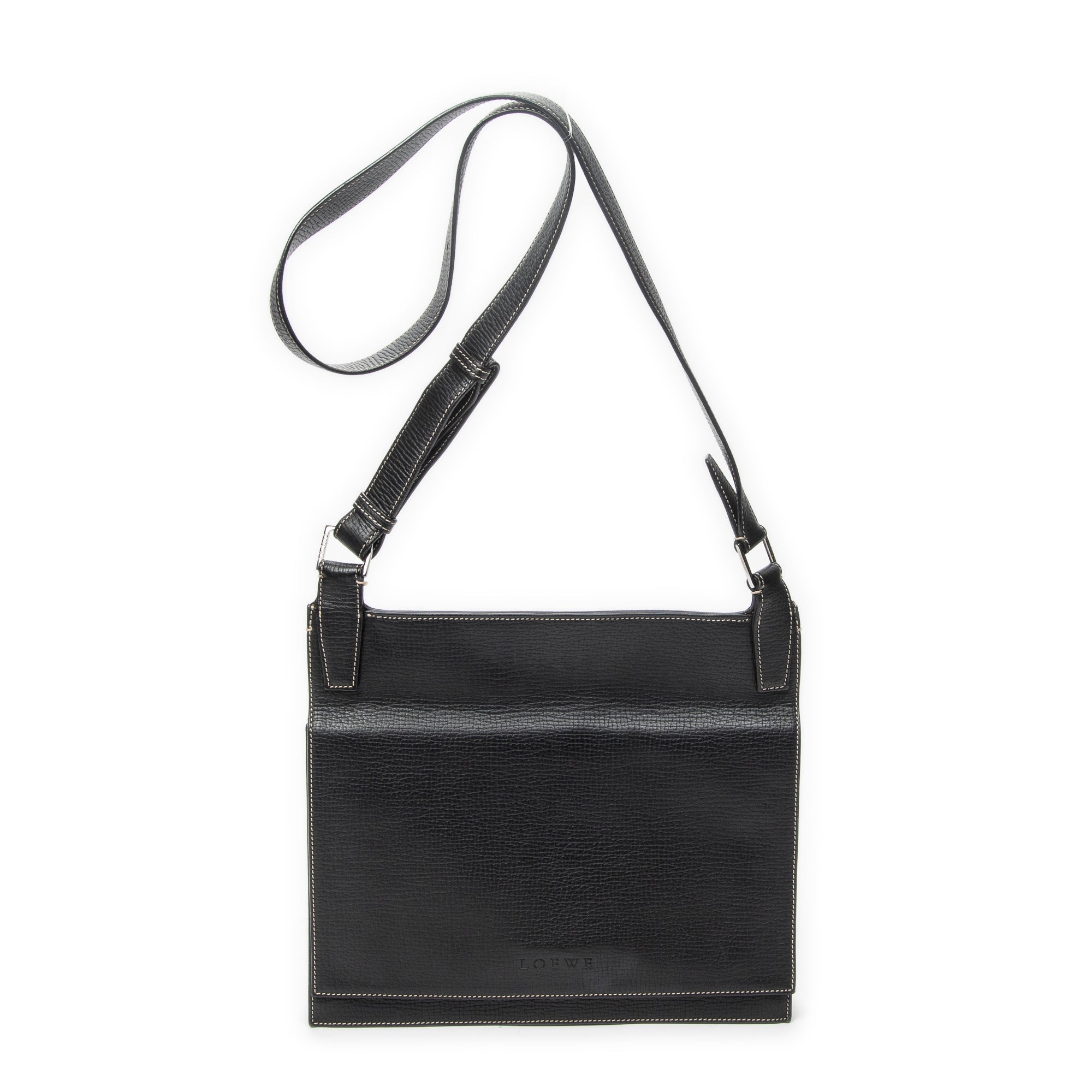 Shoulder Bag Flat Messenger Black Grained Calfskin Leather