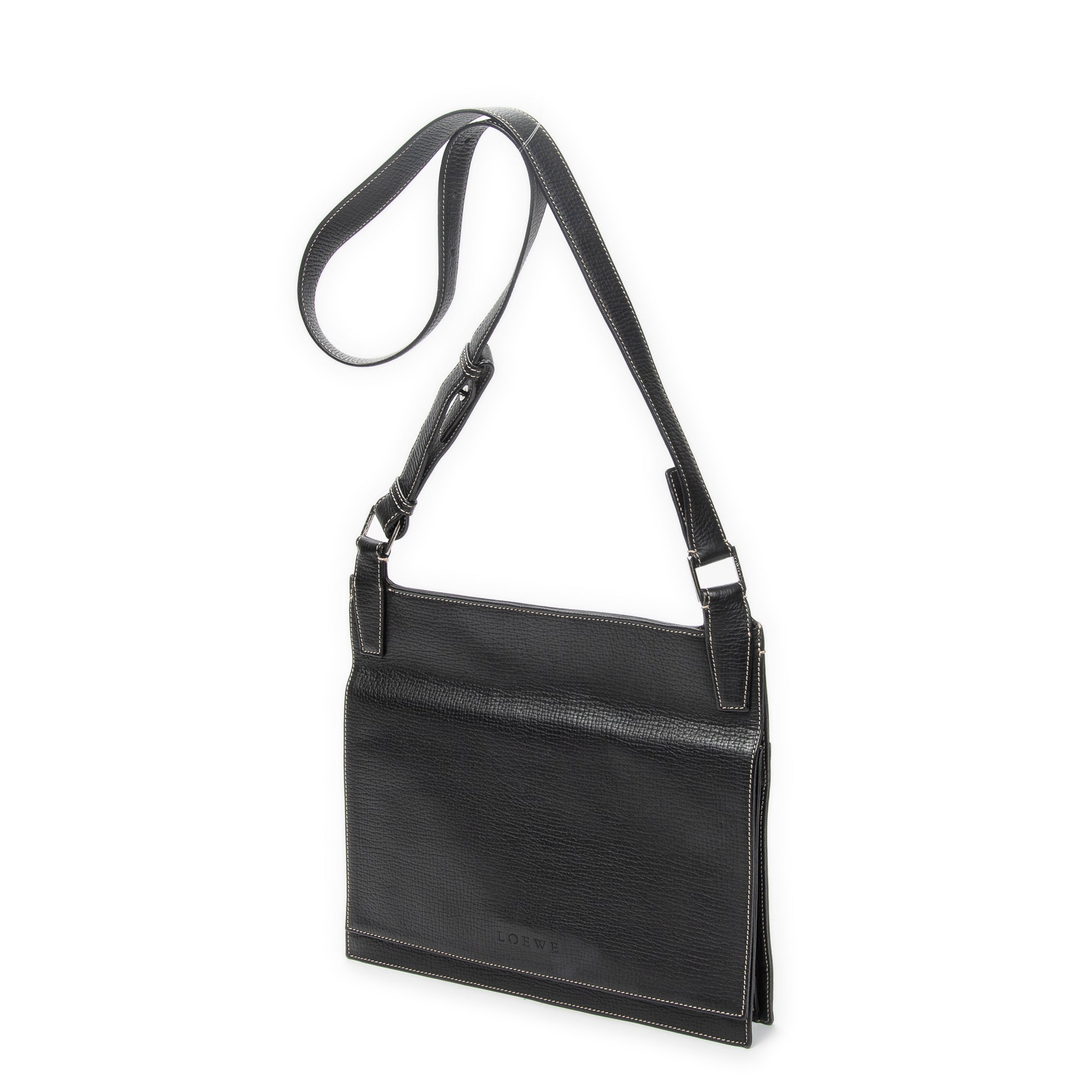 Shoulder Bag Flat Messenger Black Grained Calfskin Leather