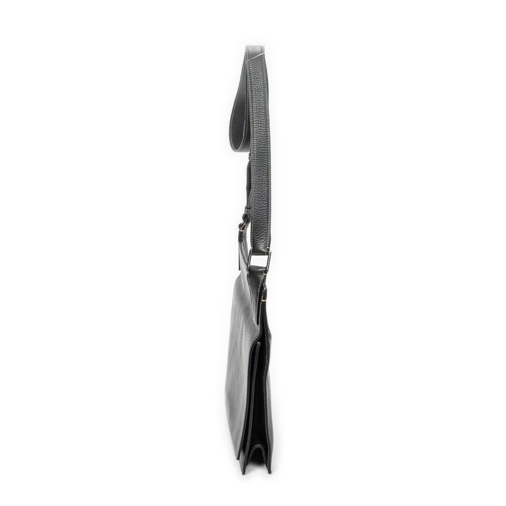 Shoulder Bag Flat Messenger Black Grained Calfskin Leather
