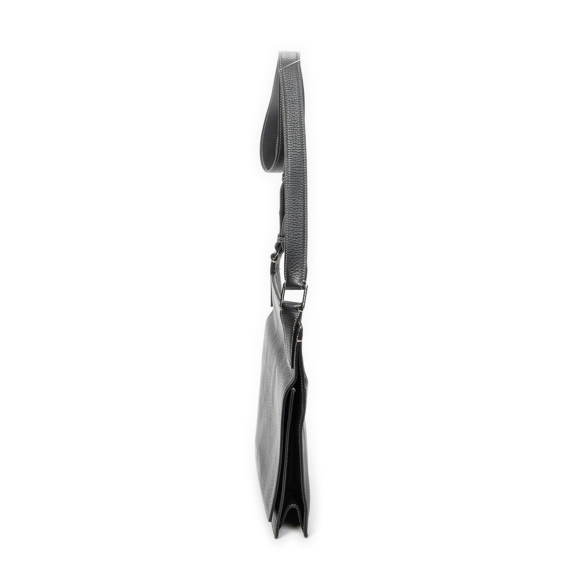 Shoulder Bag Flat Messenger Black Grained Calfskin Leather
