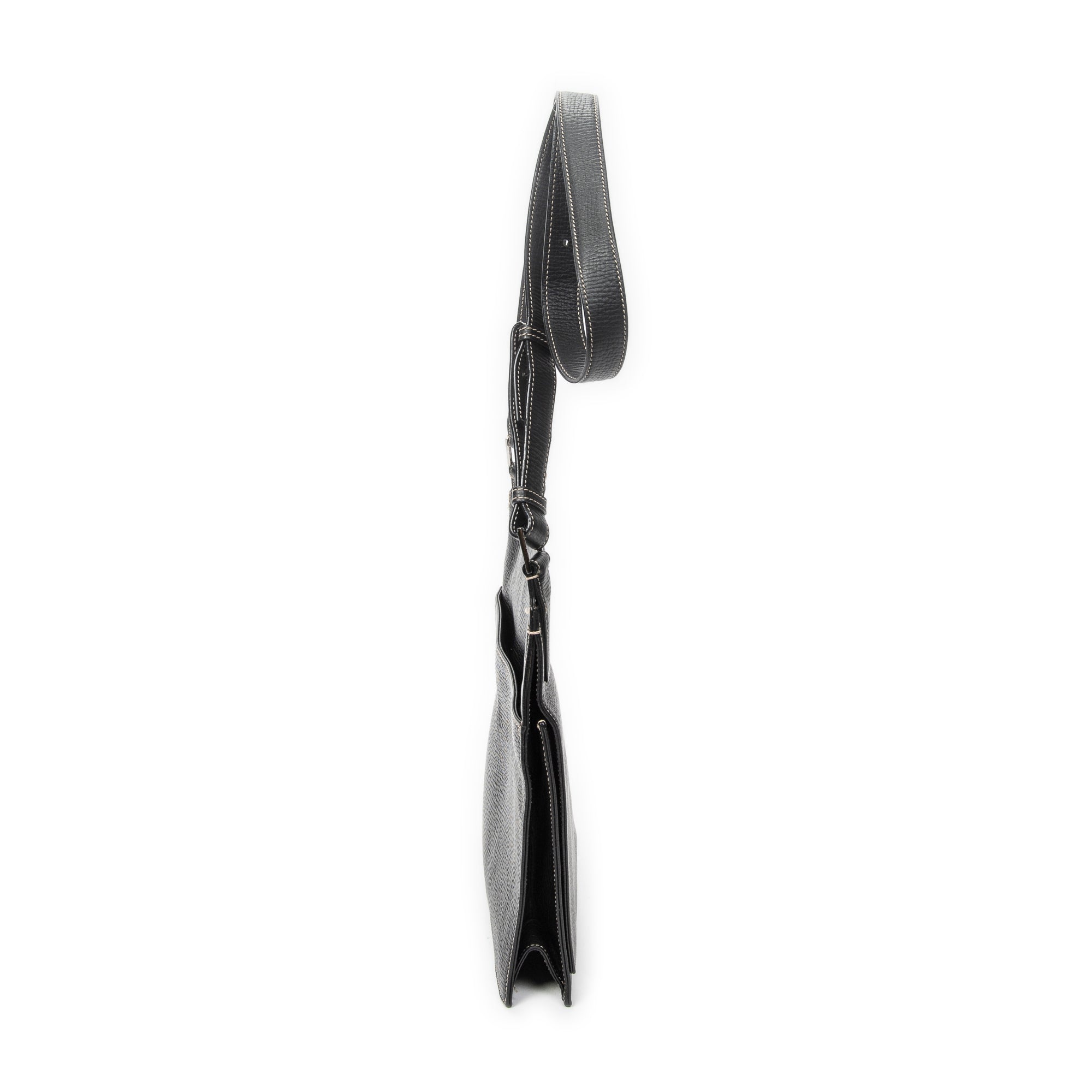 Shoulder Bag Flat Messenger Black Grained Calfskin Leather