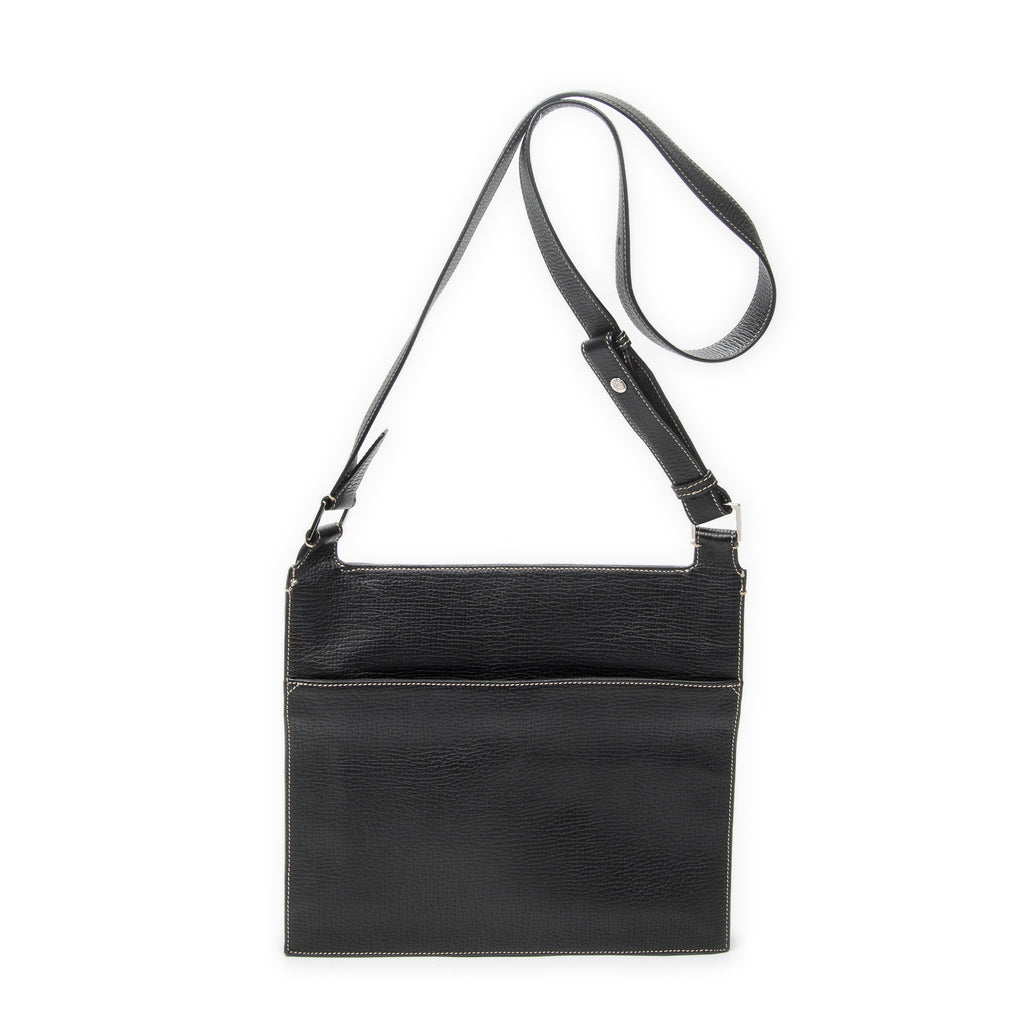 Shoulder Bag Flat Messenger Black Grained Calfskin Leather