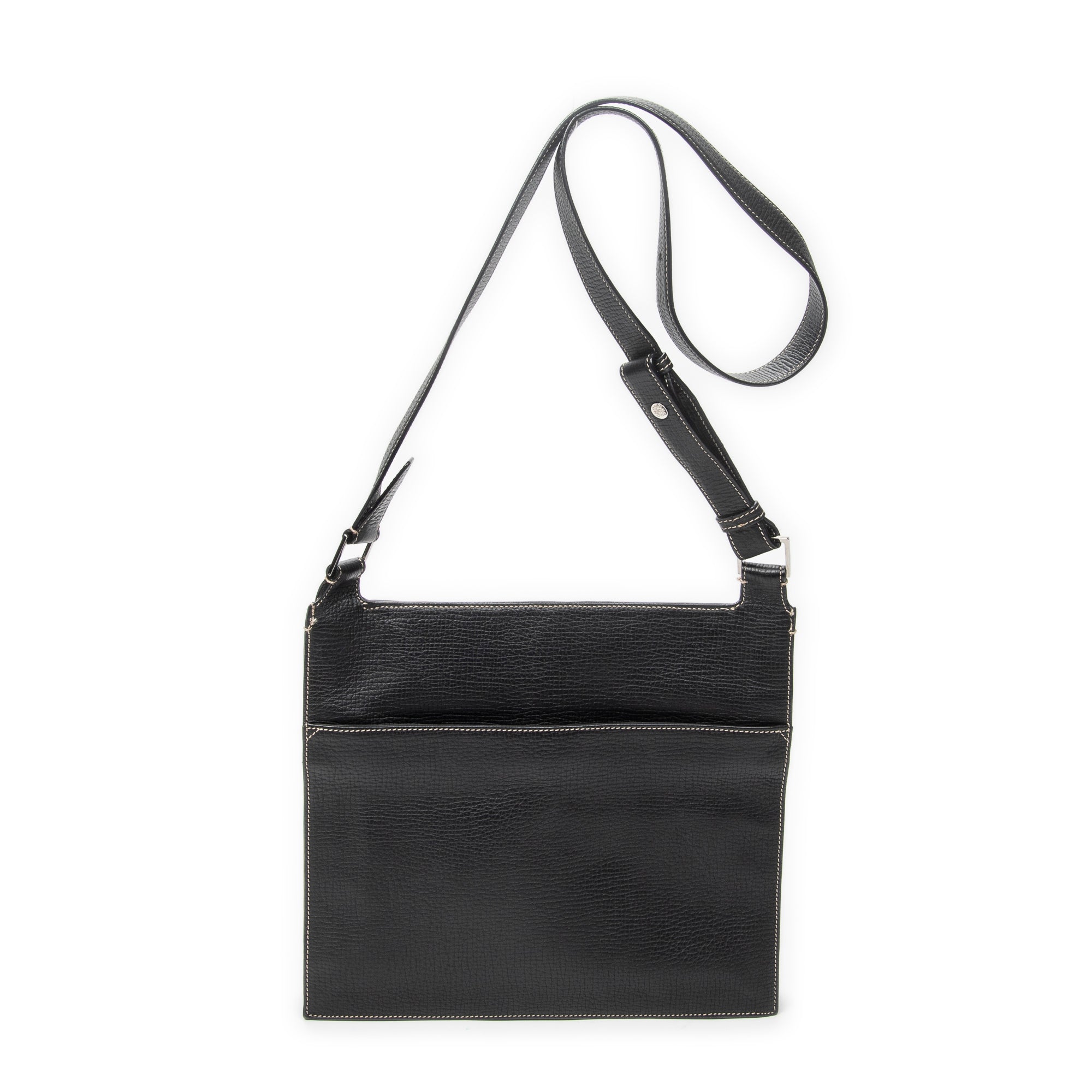 Shoulder Bag Flat Messenger Black Grained Calfskin Leather