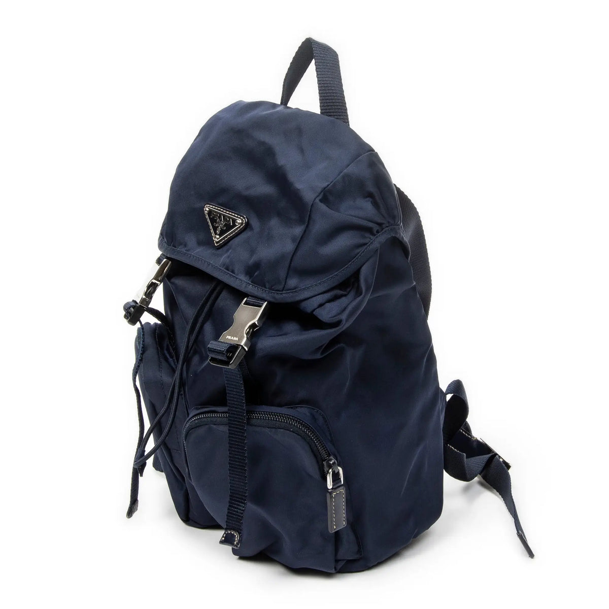 Mochila pequeña con solapa y cordón de ajuste, lona de nailon azul marino