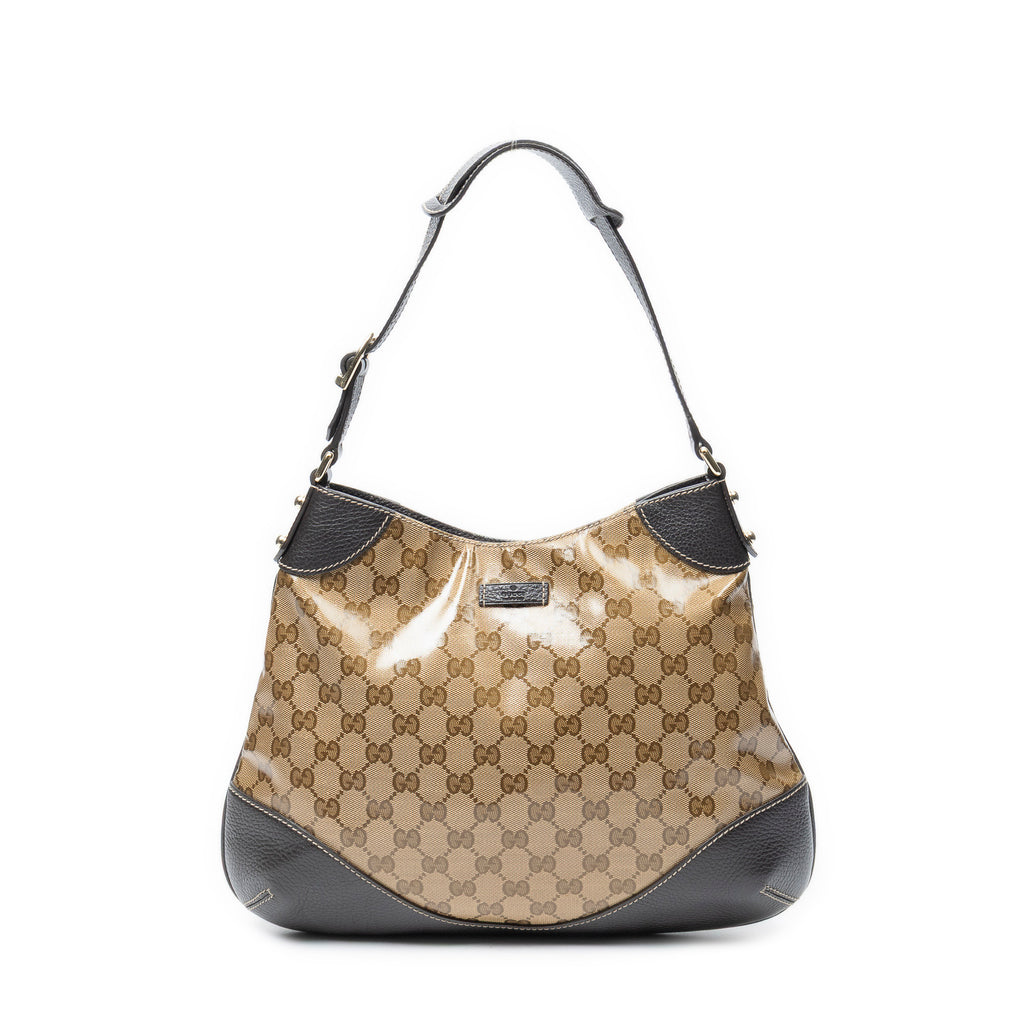 Shoulder Bag Small Hobo Beige Crystal Coated Canvas