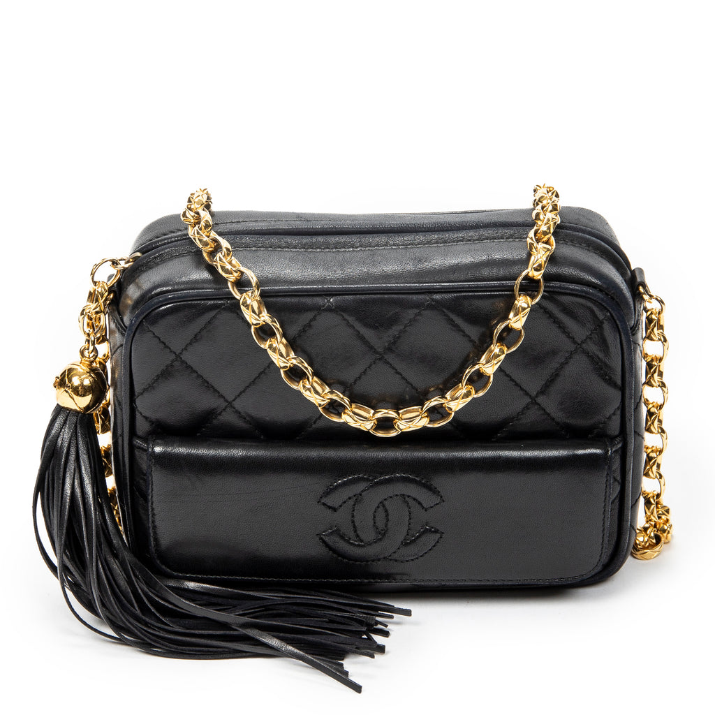 Shoulder Bag CC Tassel Camera Crossbody Black Quilted Lambskin Leather