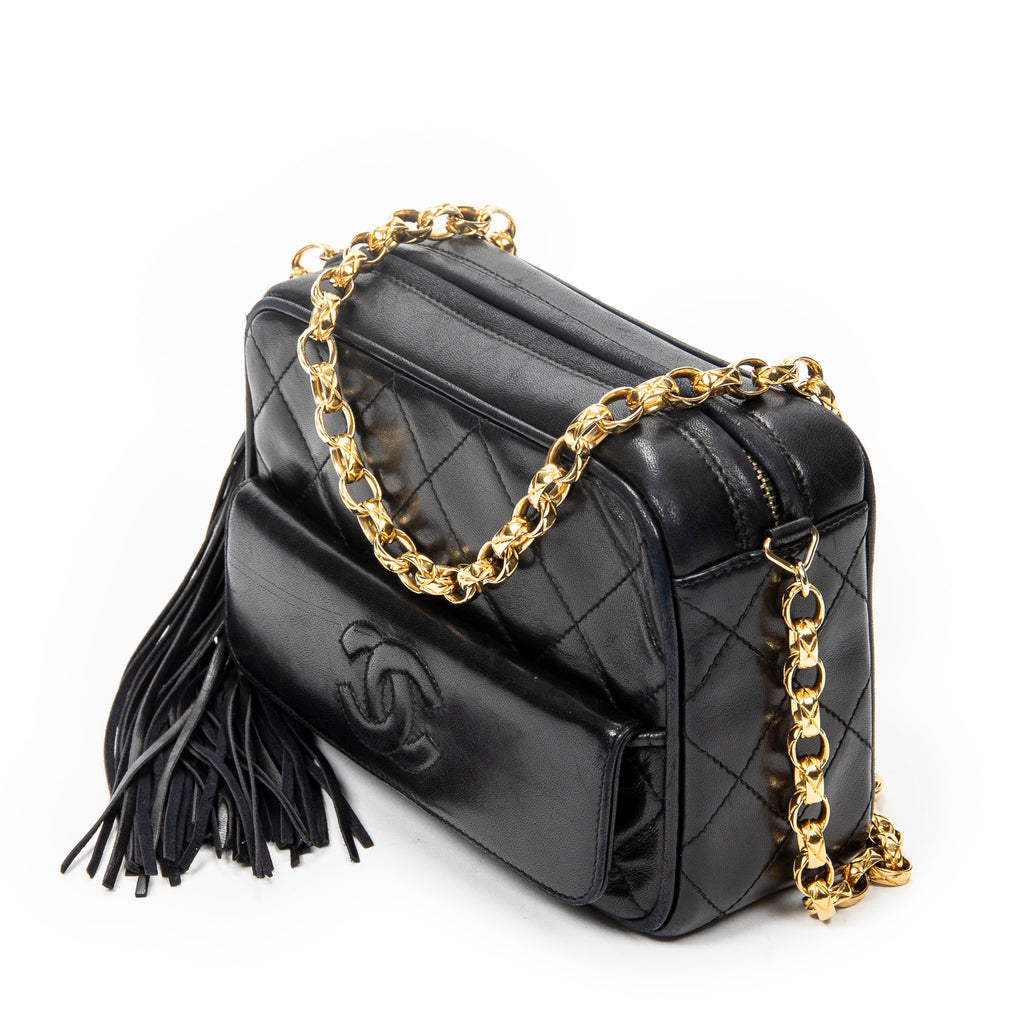 Shoulder Bag CC Tassel Camera Crossbody Black Quilted Lambskin Leather