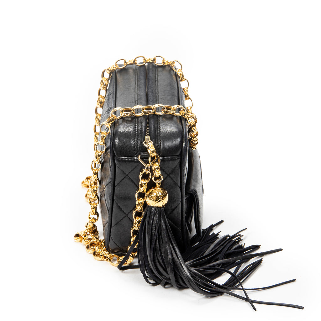 Shoulder Bag CC Tassel Camera Crossbody Black Quilted Lambskin Leather