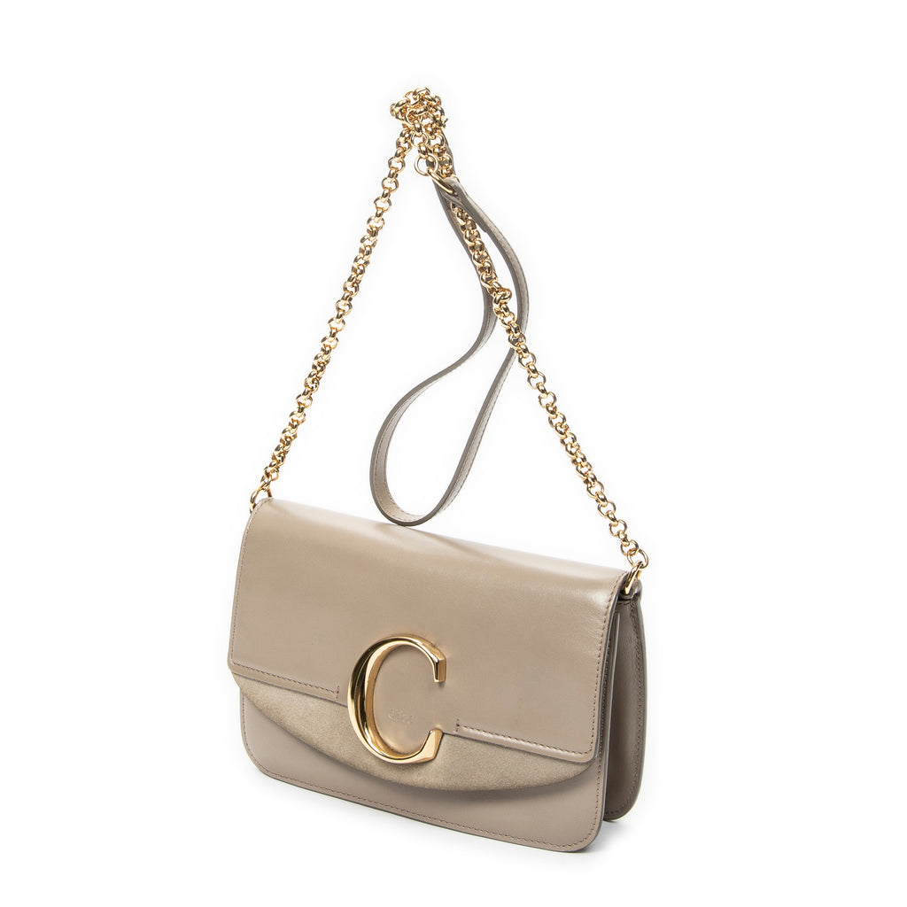 Shoulder Bag C Chain Clutch Grey Calfskin Leather