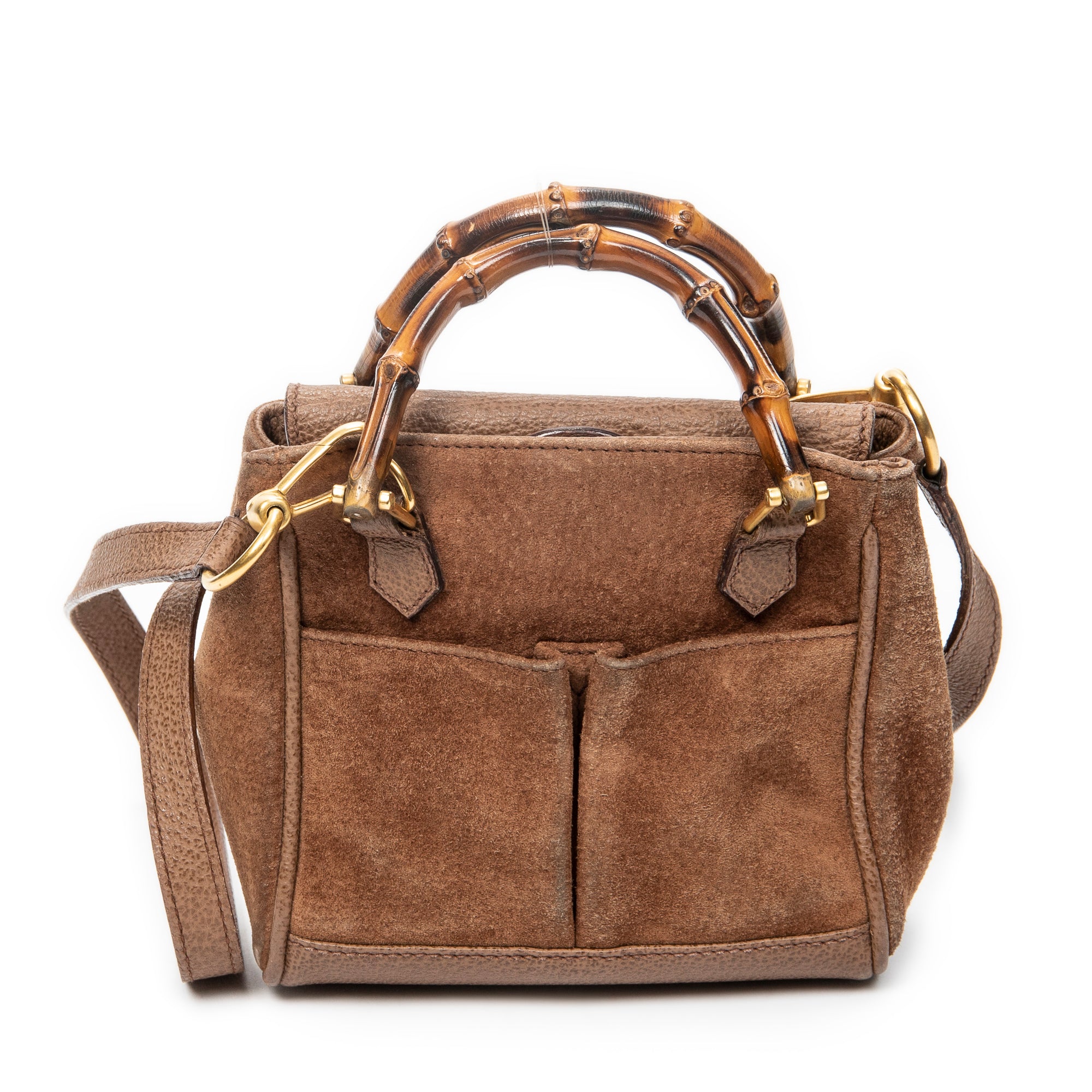 Shoulder Bag Vintage Mini Bamboo Top Handle Tote Brown Suede Leather