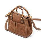 Shoulder Bag Vintage Mini Bamboo Top Handle Tote Brown Suede Leather