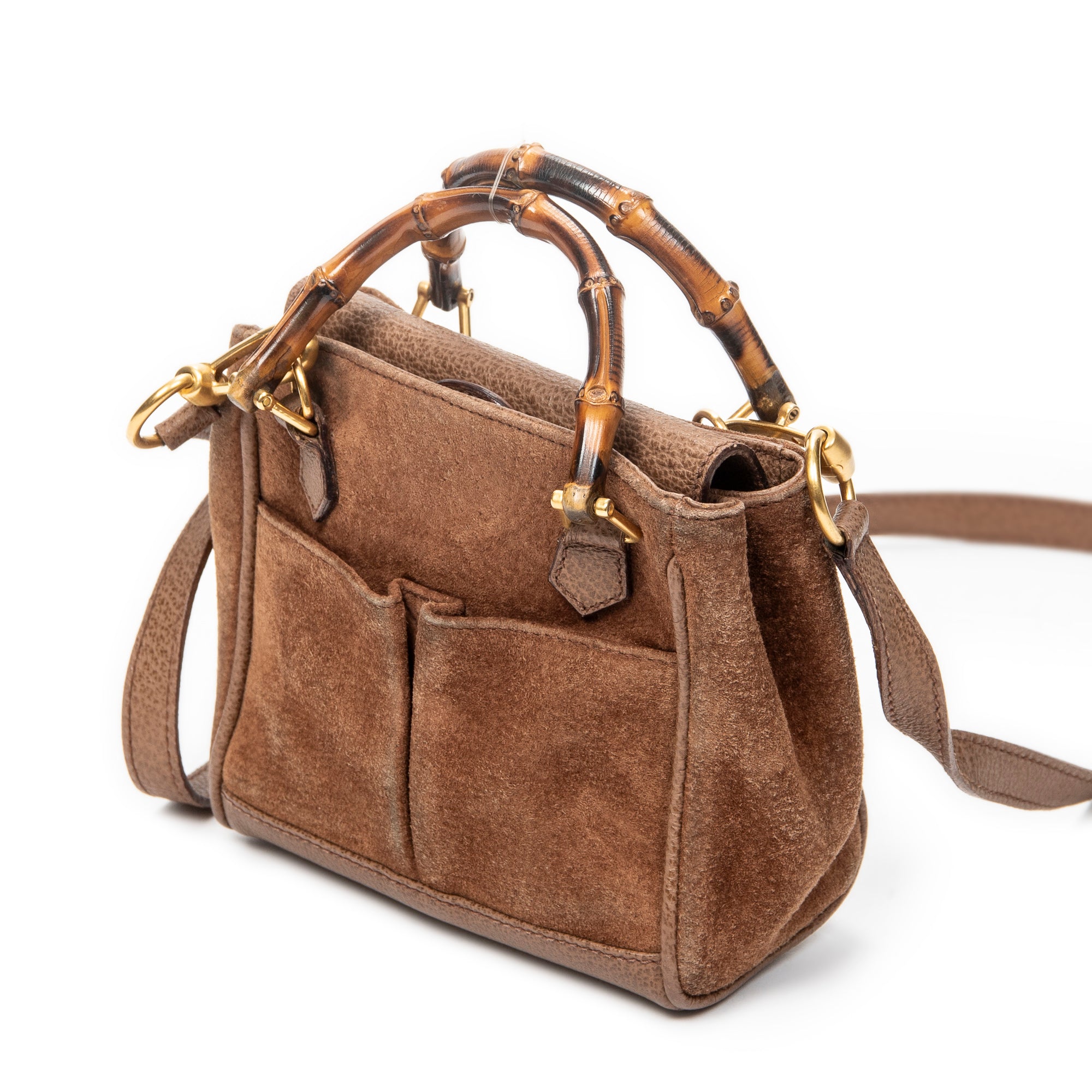 Shoulder Bag Vintage Mini Bamboo Top Handle Tote Brown Suede Leather