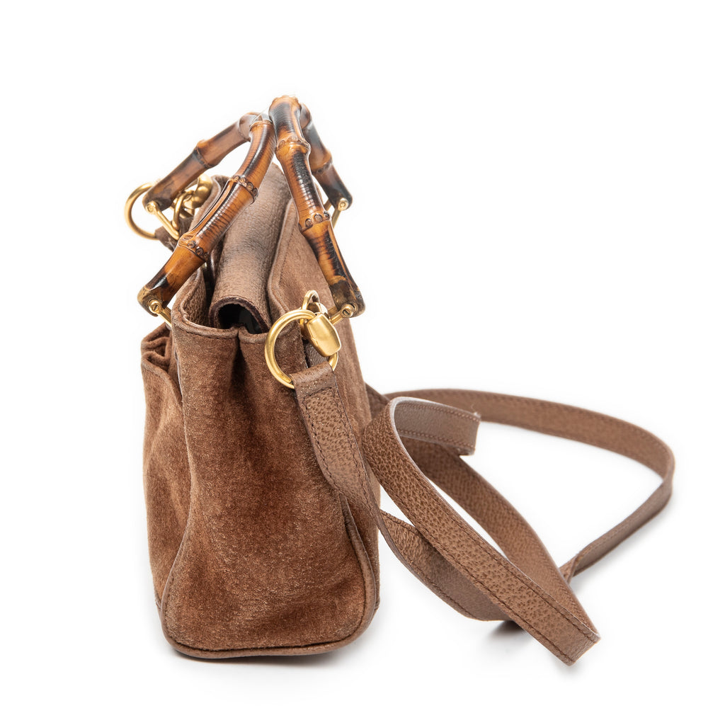 Shoulder Bag Vintage Mini Bamboo Top Handle Tote Brown Suede Leather