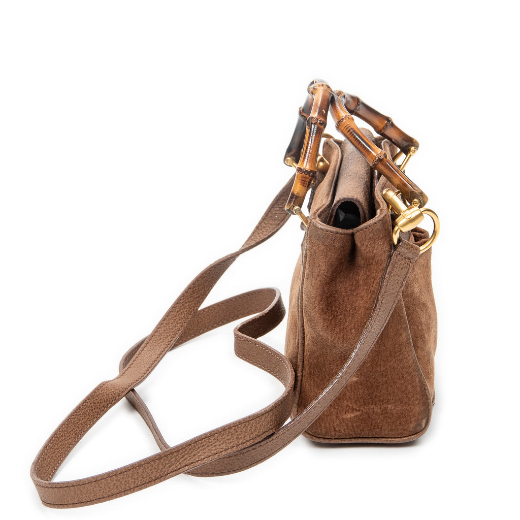 Shoulder Bag Vintage Mini Bamboo Top Handle Tote Brown Suede Leather