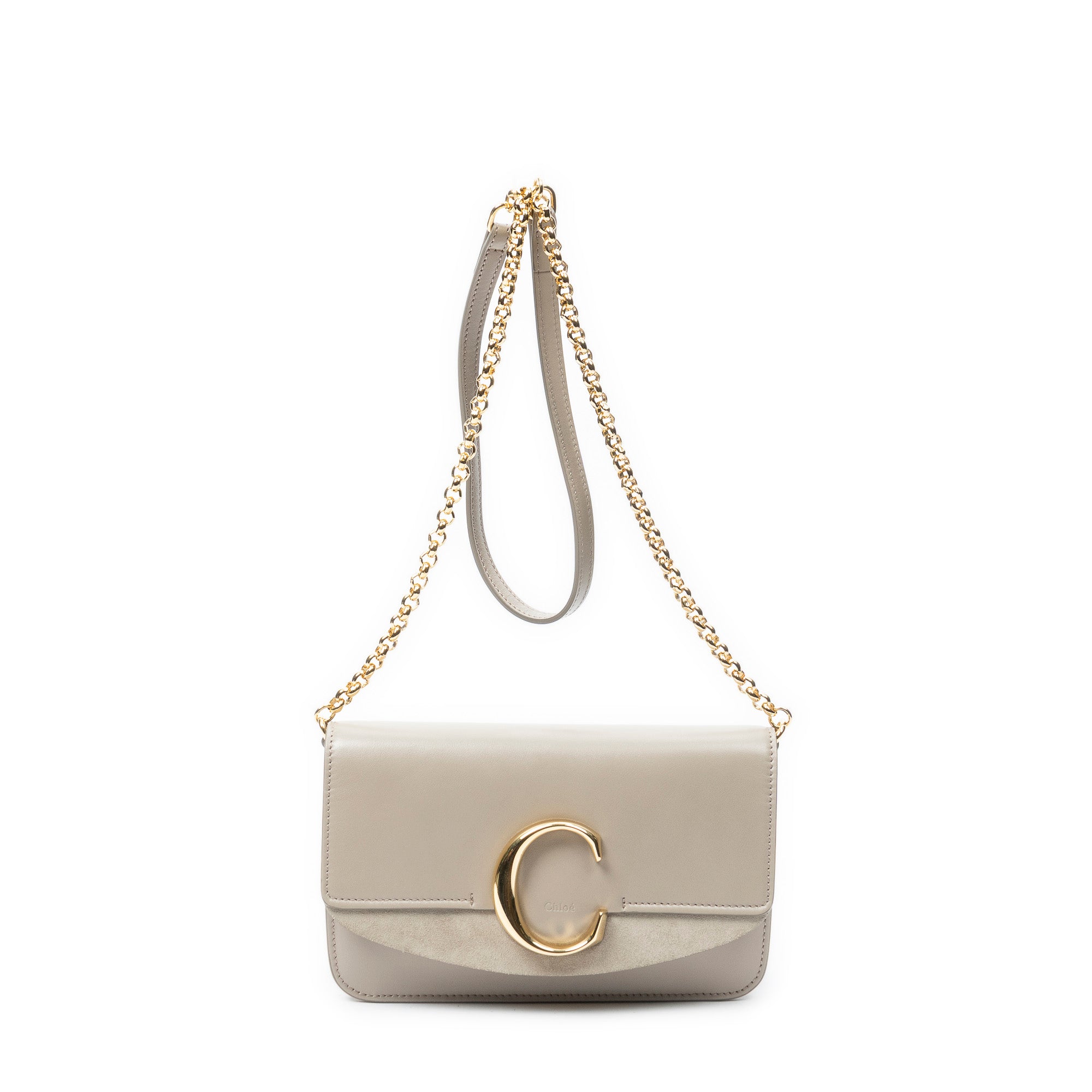 Shoulder Bag C Chain Clutch Grey Calfskin Leather