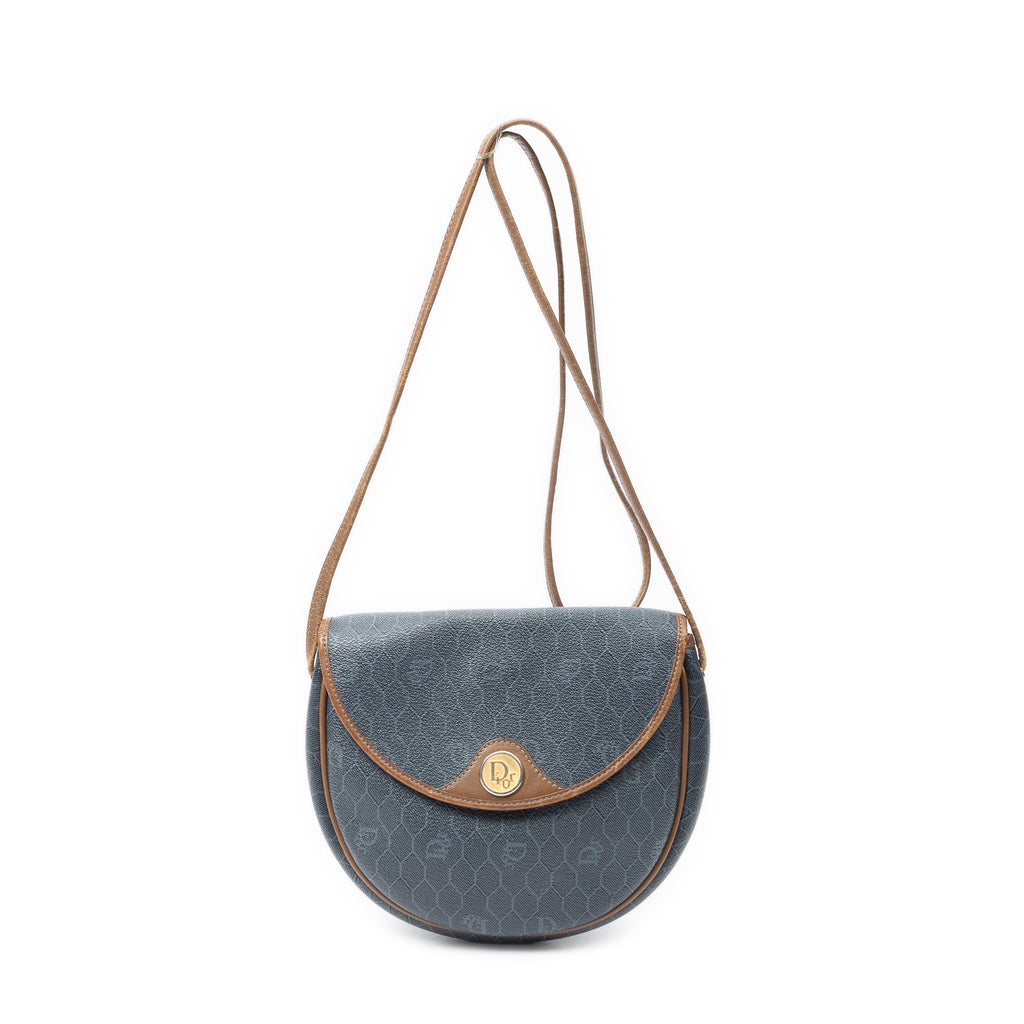 Shoulder Bag Vintage Halfmoon Flap Crossbody Grey Honeycomb Coated Canvas