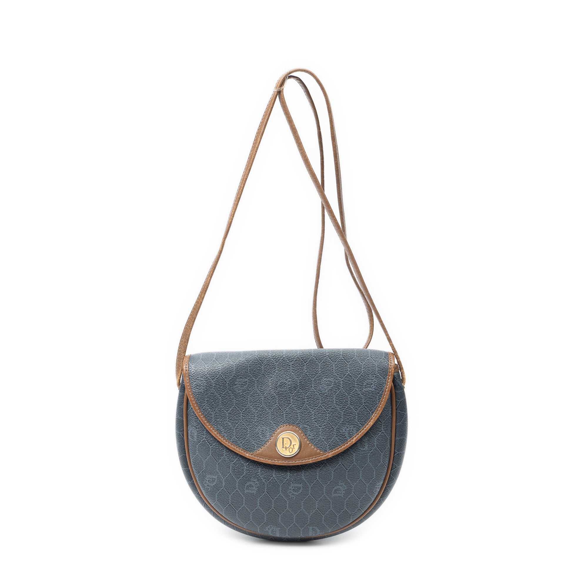 Shoulder Bag Vintage Halfmoon Flap Crossbody Grey Honeycomb Coated Canvas