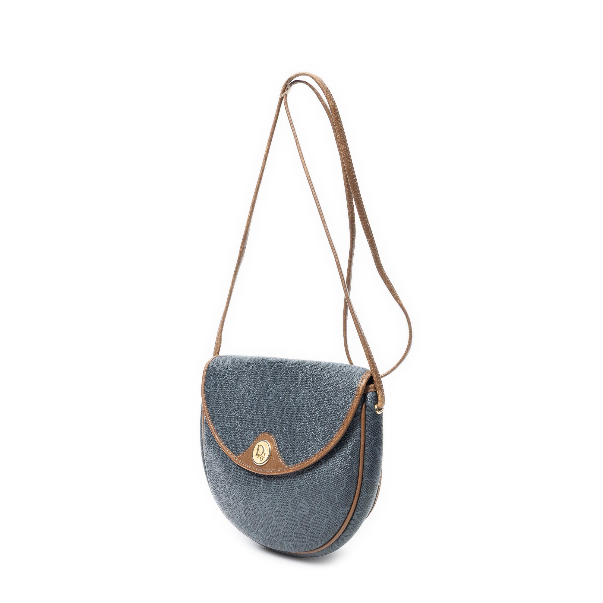 Shoulder Bag Vintage Halfmoon Flap Crossbody Grey Honeycomb Coated Canvas
