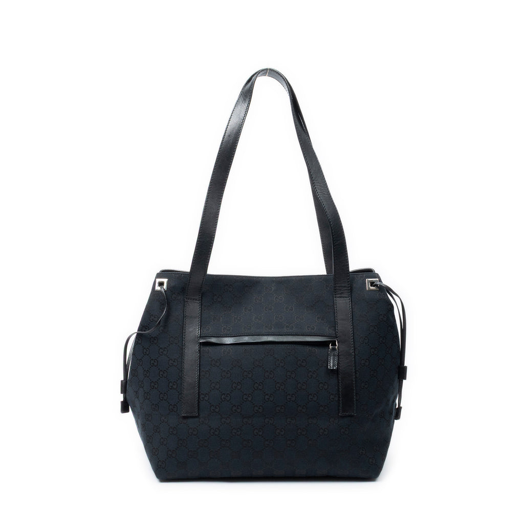 Shoulder Bag Side Drawstring Shopping Tote Black Monogrammed Canvas