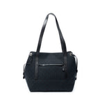 Shoulder Bag Side Drawstring Shopping Tote Black Monogrammed Canvas