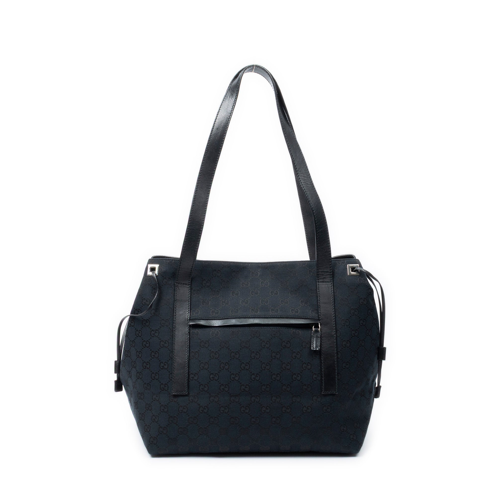 Shoulder Bag Side Drawstring Shopping Tote Black Monogrammed Canvas