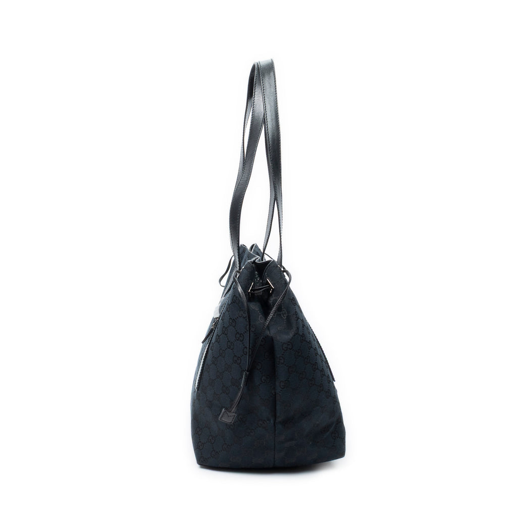 Shoulder Bag Side Drawstring Shopping Tote Black Monogrammed Canvas
