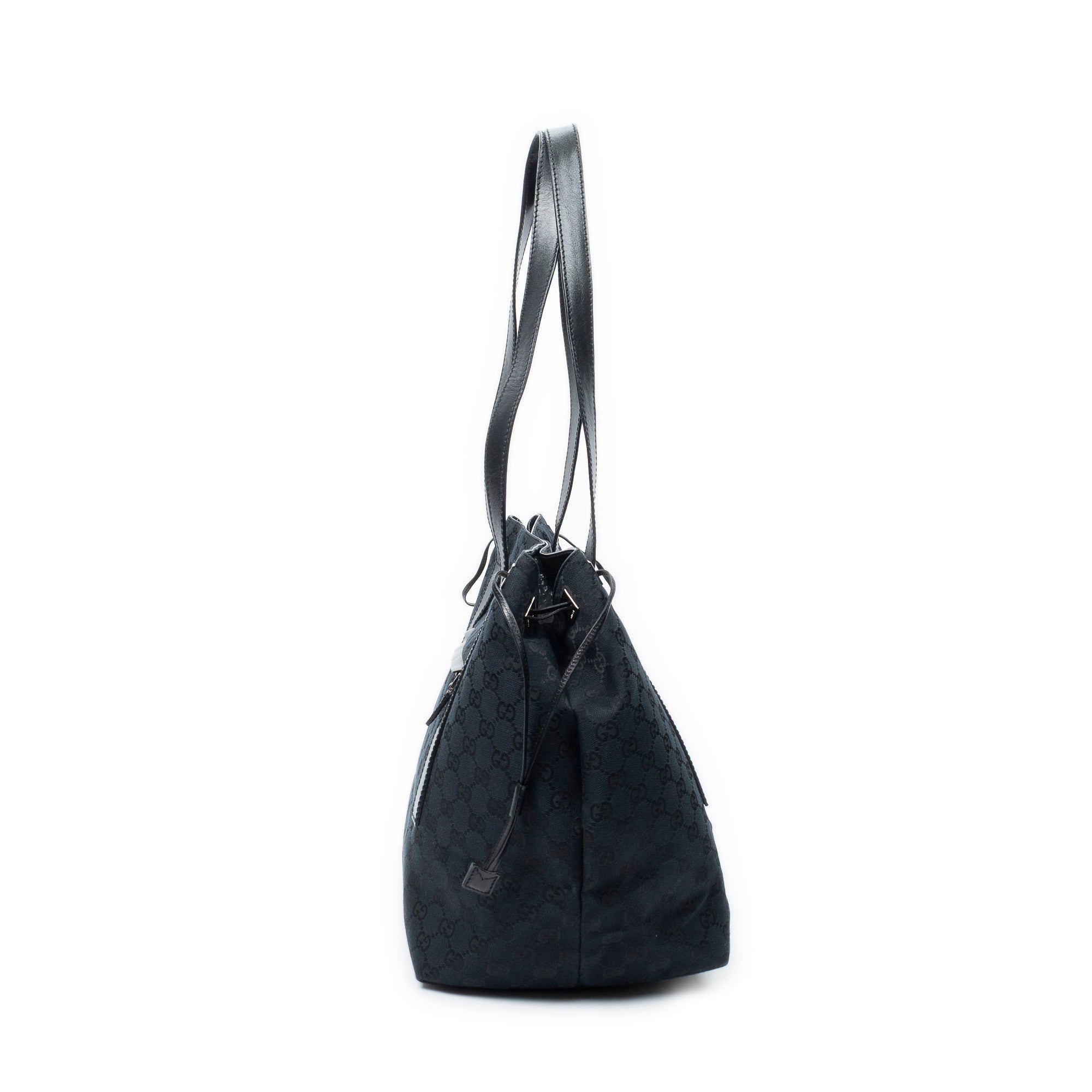 Shoulder Bag Side Drawstring Shopping Tote Black Monogrammed Canvas
