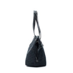 Shoulder Bag Side Drawstring Shopping Tote Black Monogrammed Canvas