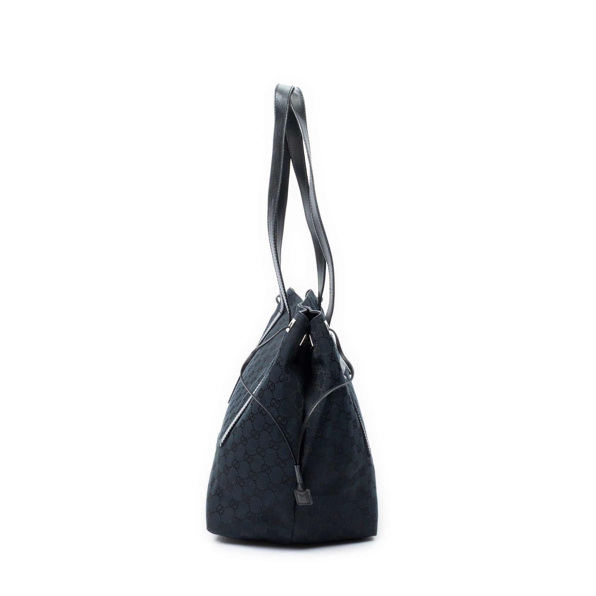 Shoulder Bag Side Drawstring Shopping Tote Black Monogrammed Canvas