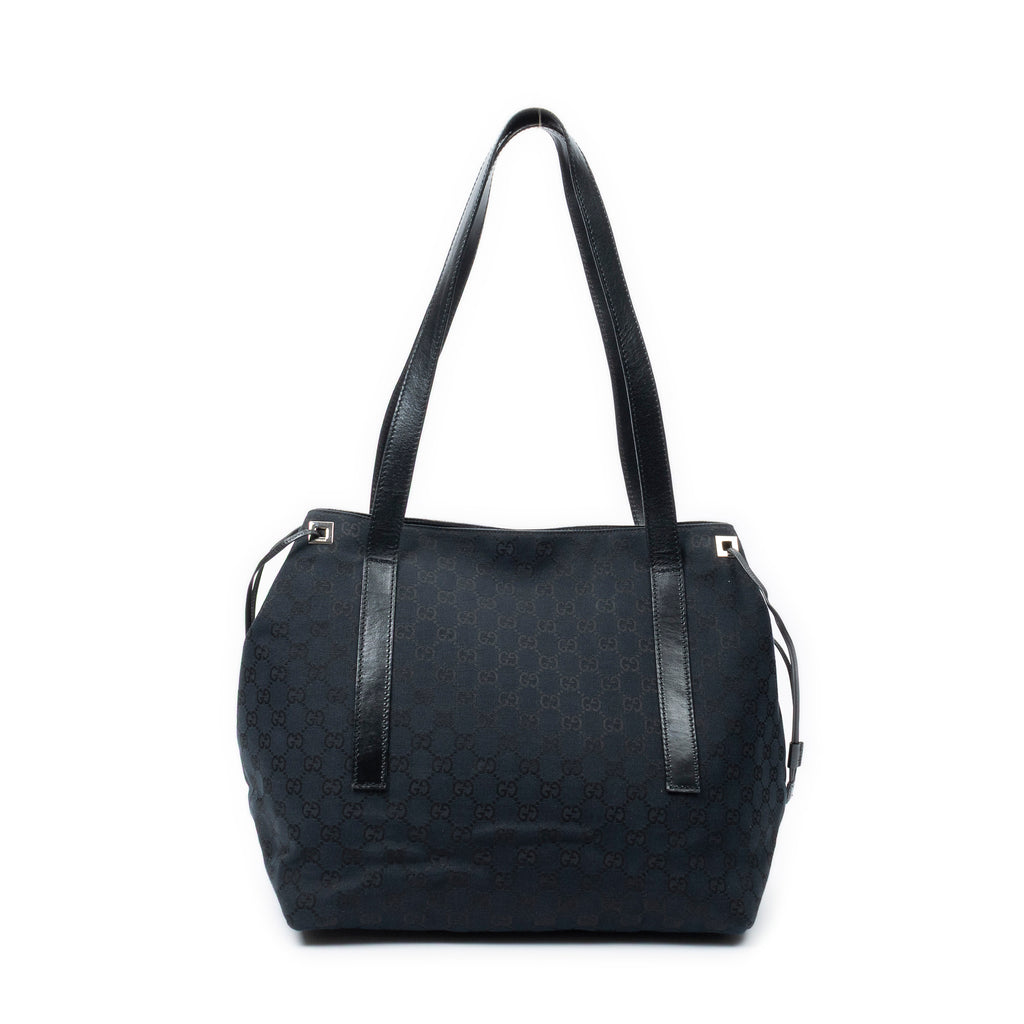 Shoulder Bag Side Drawstring Shopping Tote Black Monogrammed Canvas