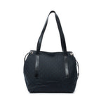Shoulder Bag Side Drawstring Shopping Tote Black Monogrammed Canvas