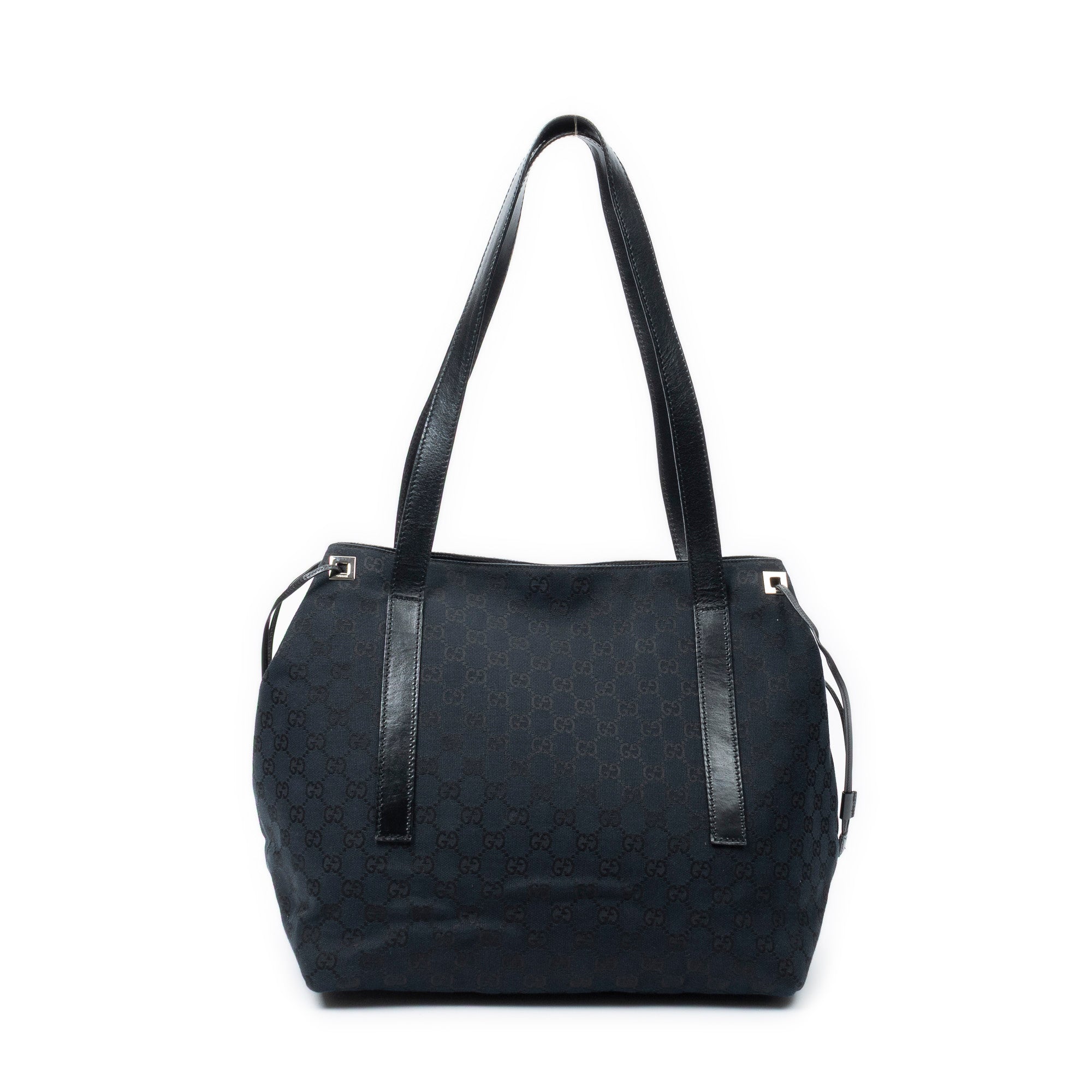 Shoulder Bag Side Drawstring Shopping Tote Black Monogrammed Canvas