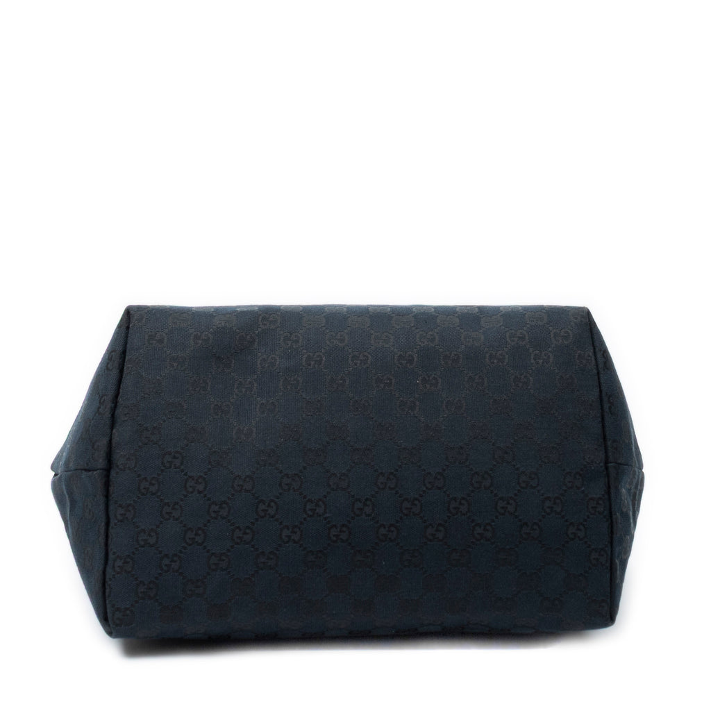 Shoulder Bag Side Drawstring Shopping Tote Black Monogrammed Canvas