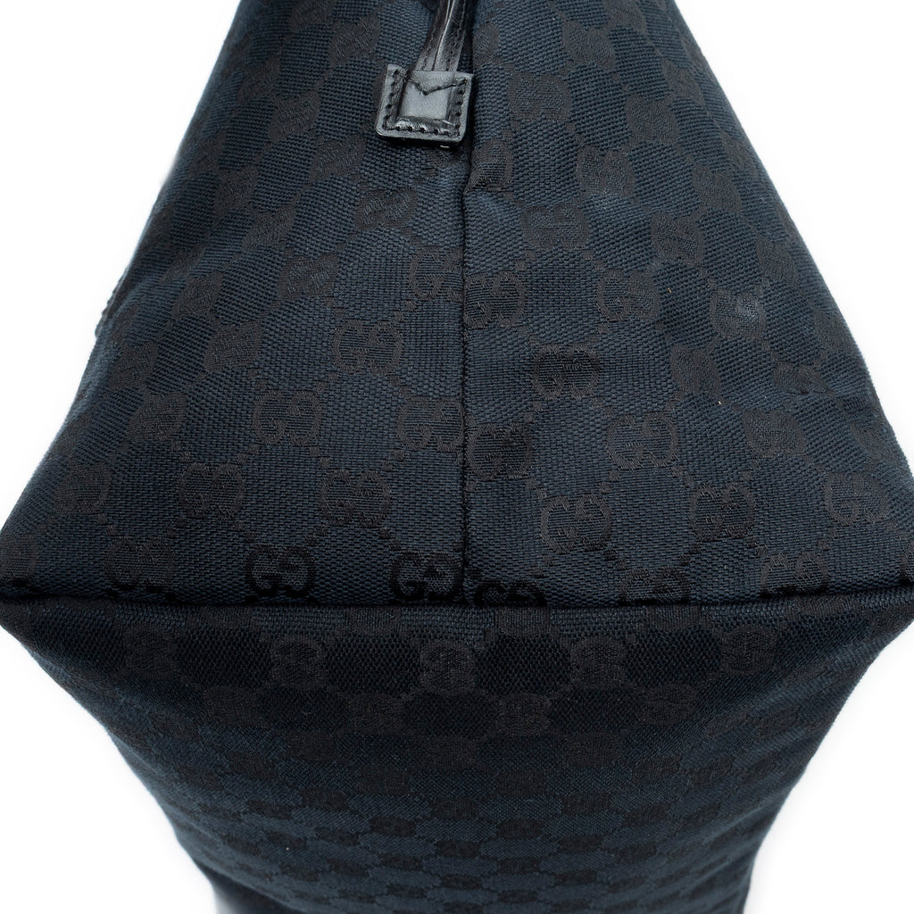 Shoulder Bag Side Drawstring Shopping Tote Black Monogrammed Canvas