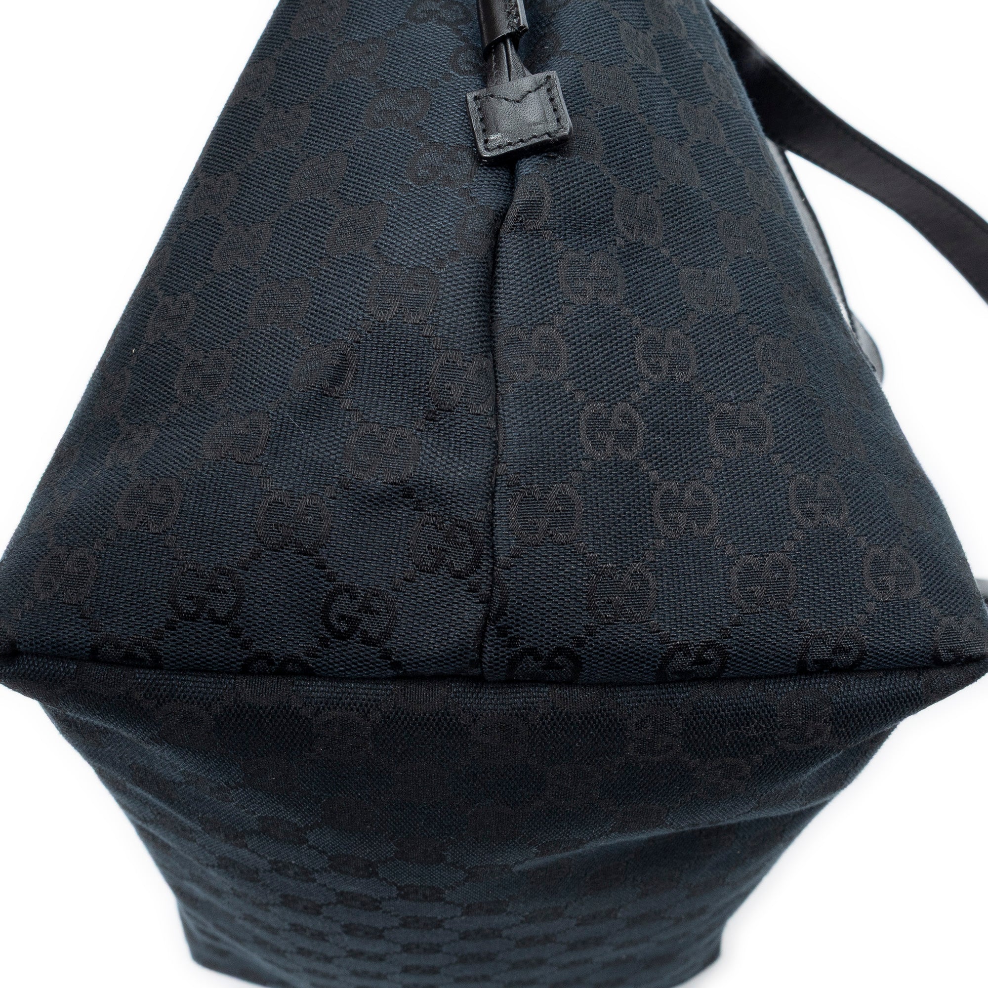 Shoulder Bag Side Drawstring Shopping Tote Black Monogrammed Canvas