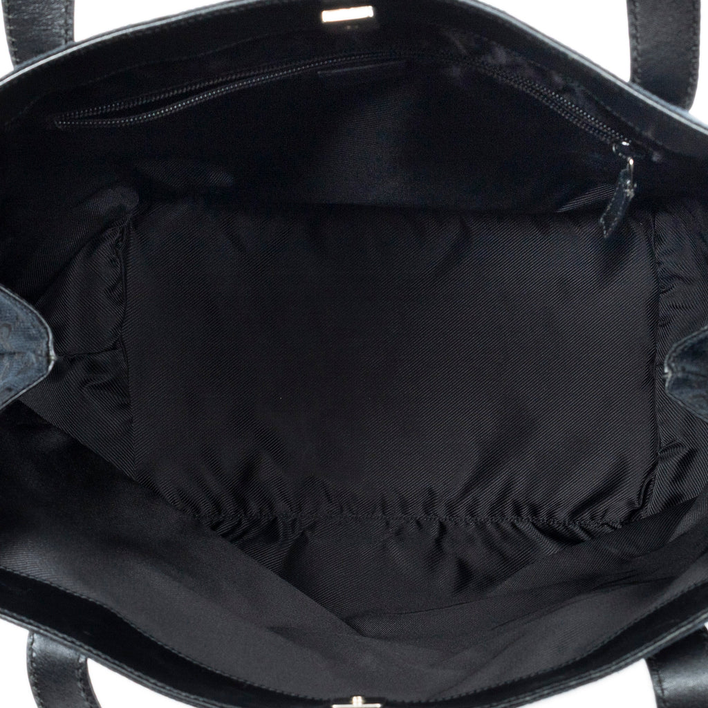 Shoulder Bag Side Drawstring Shopping Tote Black Monogrammed Canvas