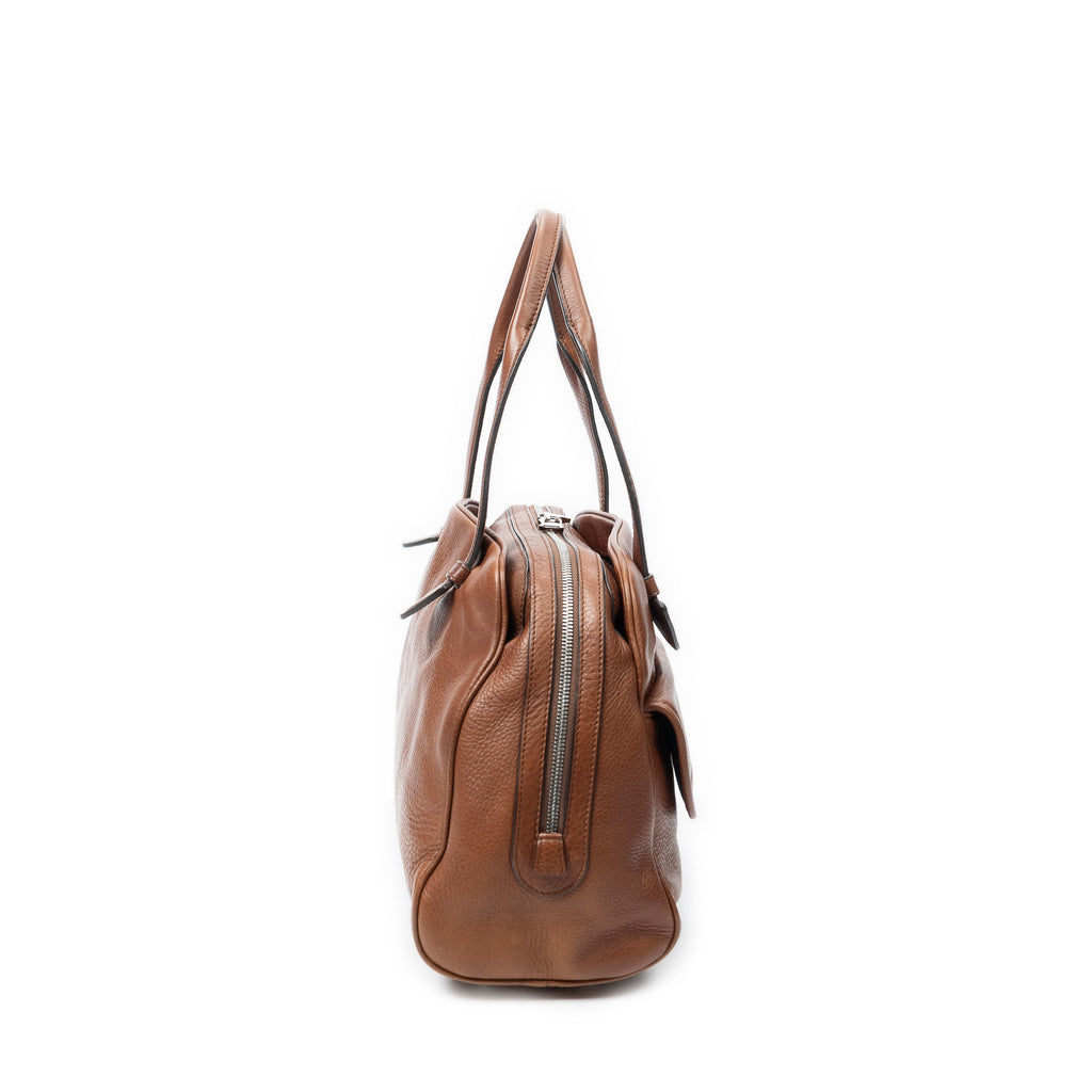 Shoulder Bag Heritage Flap Pocket Boston Brown Grained Calfskin Leather