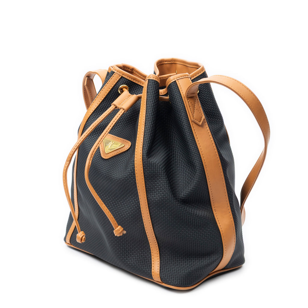 Shoulder Bag Vintage Drawstring Bucket Black Woven Coated Canvas