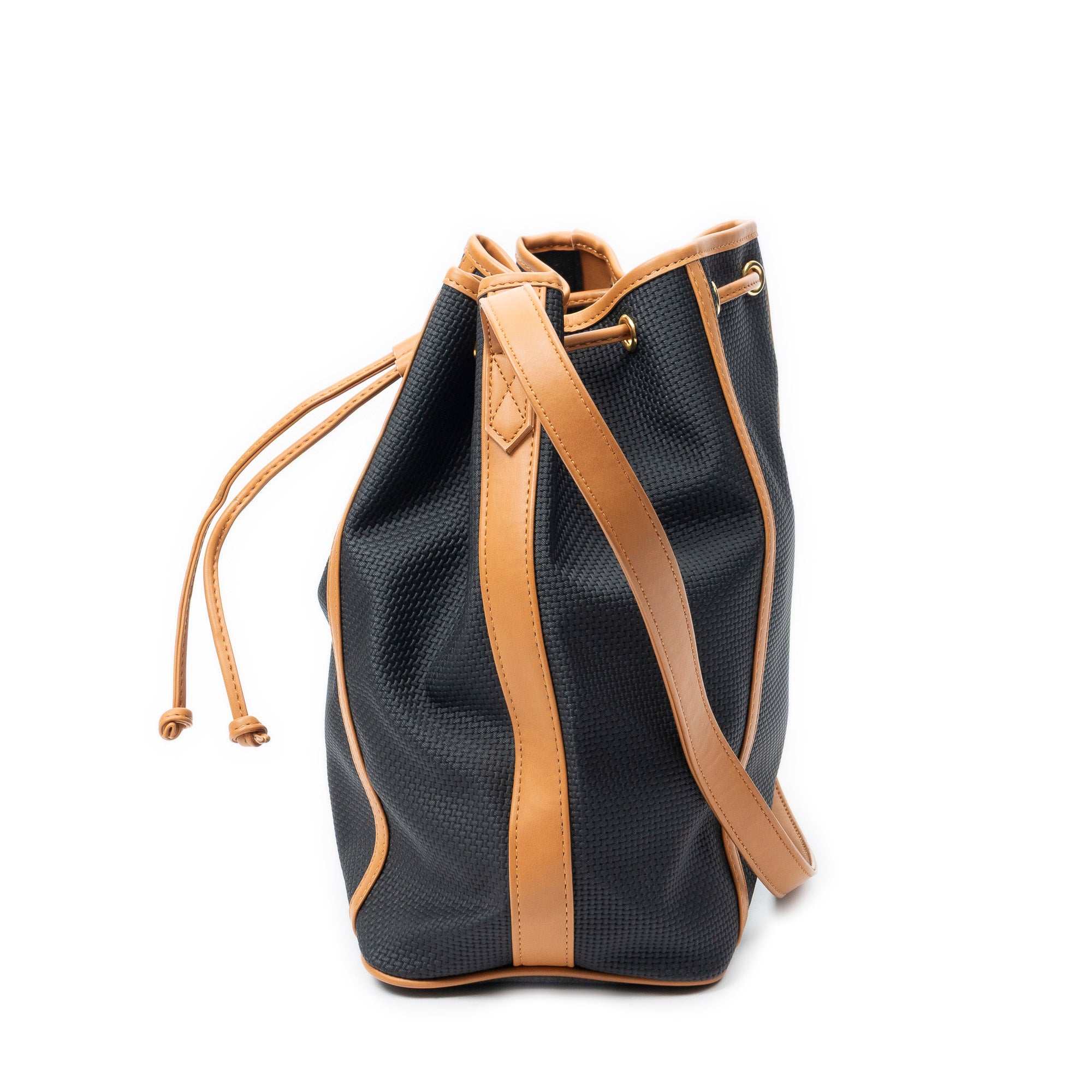 Shoulder Bag Vintage Drawstring Bucket Black Woven Coated Canvas