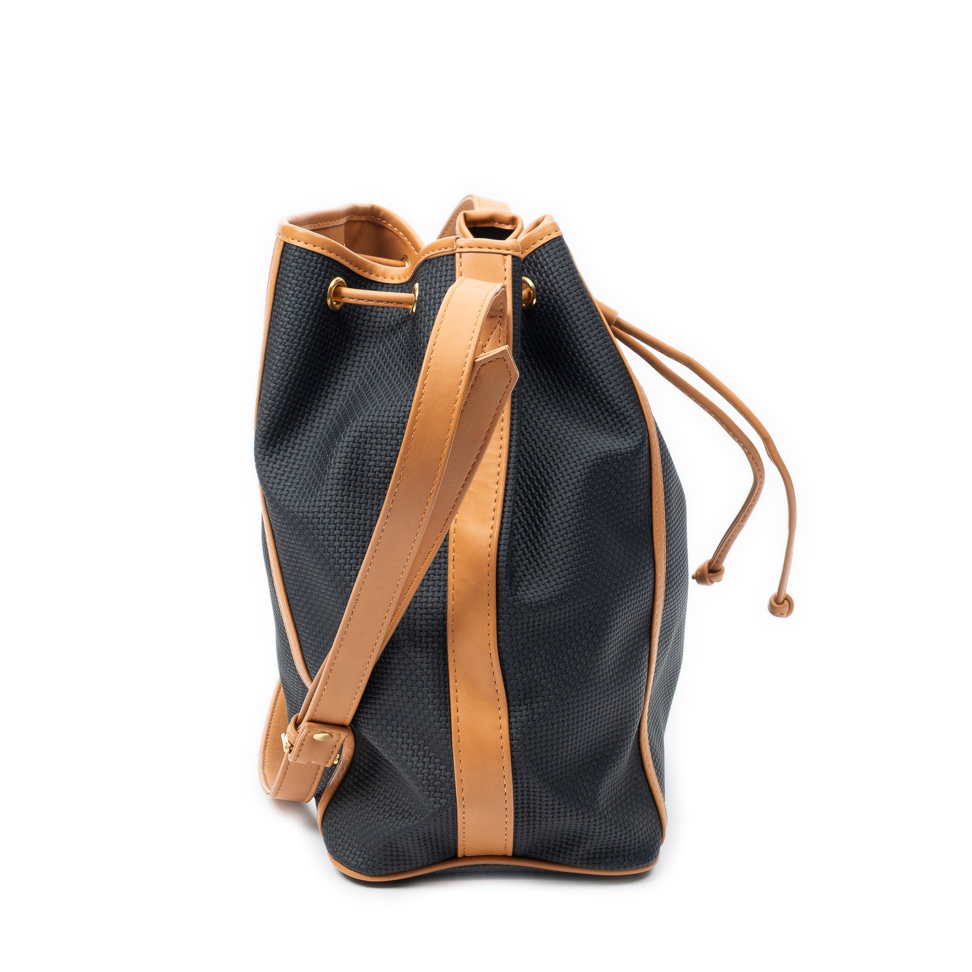 Shoulder Bag Vintage Drawstring Bucket Black Woven Coated Canvas