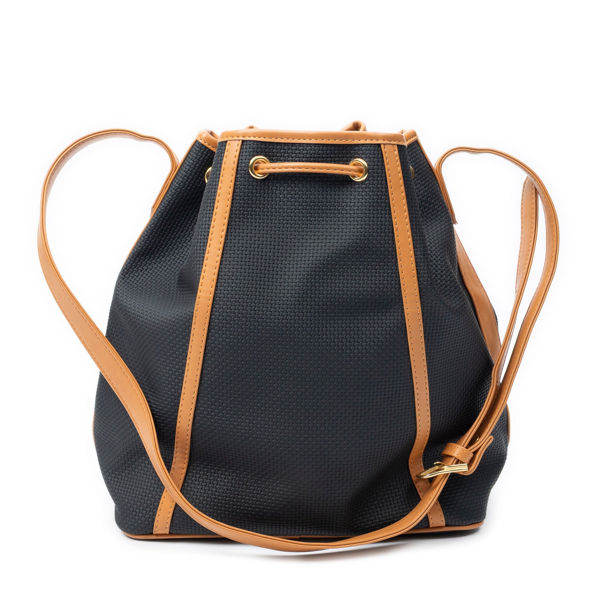 Shoulder Bag Vintage Drawstring Bucket Black Woven Coated Canvas