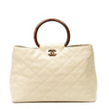 Handbag CC Wood Handle Tote Ivory Quilted Caviar Leather