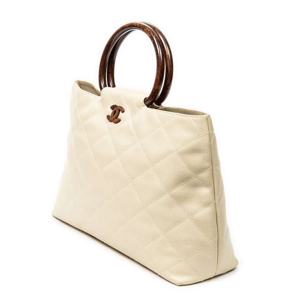 Handbag CC Wood Handle Tote Ivory Quilted Caviar Leather