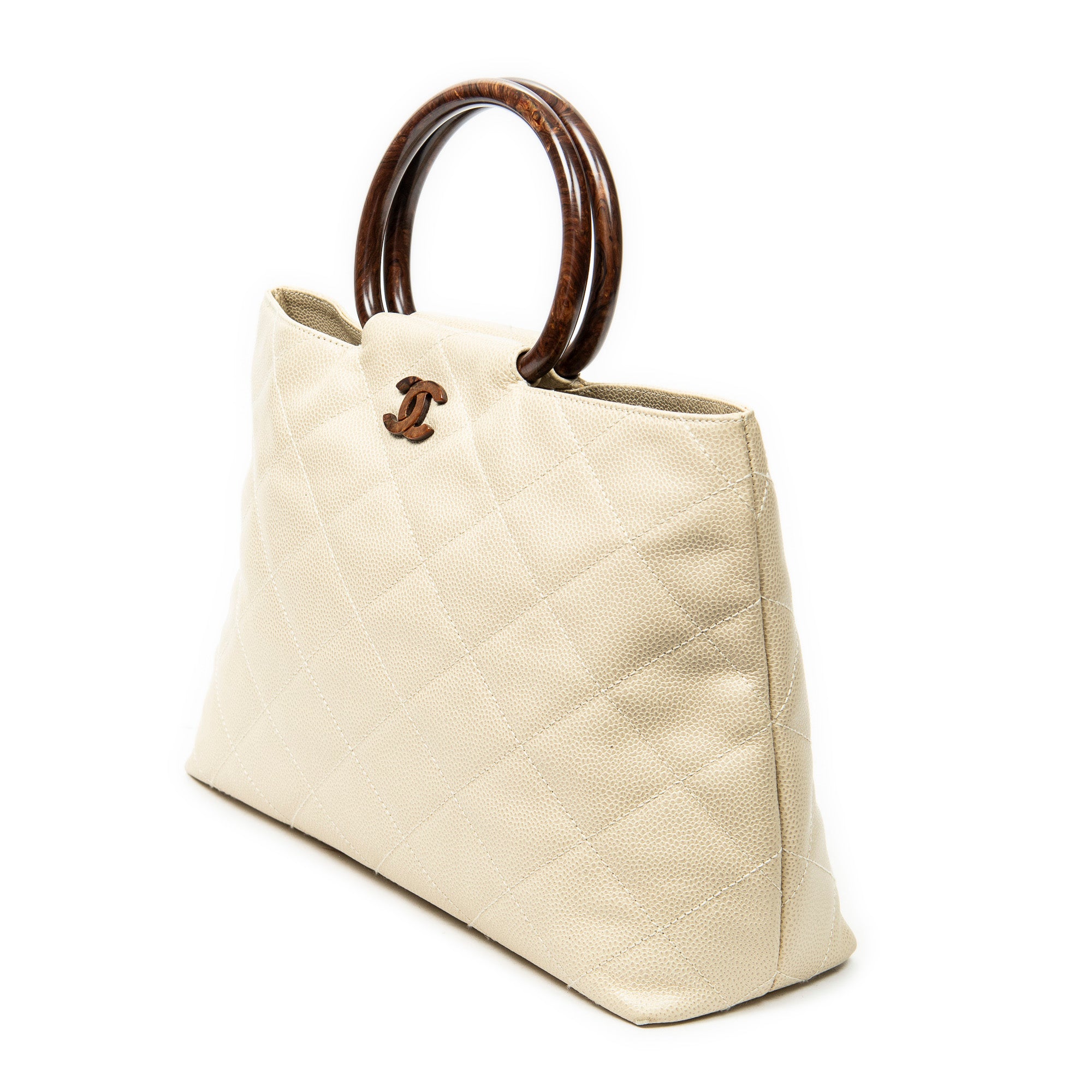 Handbag CC Wood Handle Tote Ivory Quilted Caviar Leather