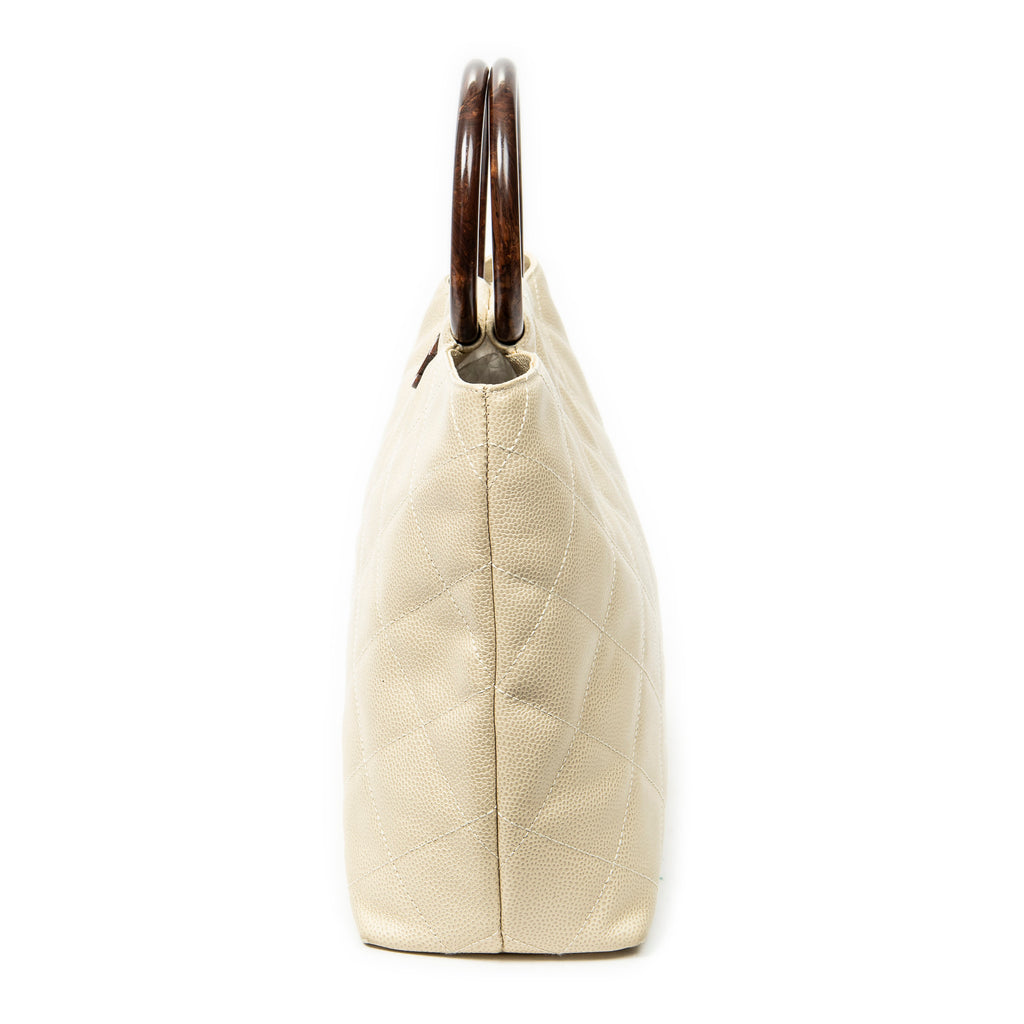 Handbag CC Wood Handle Tote Ivory Quilted Caviar Leather